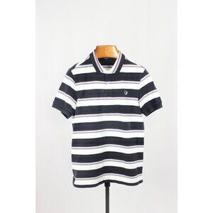 FRED PERRY White Navy Blue Striped 100% Cotton Short Sleeve Polo Shirt, Size L